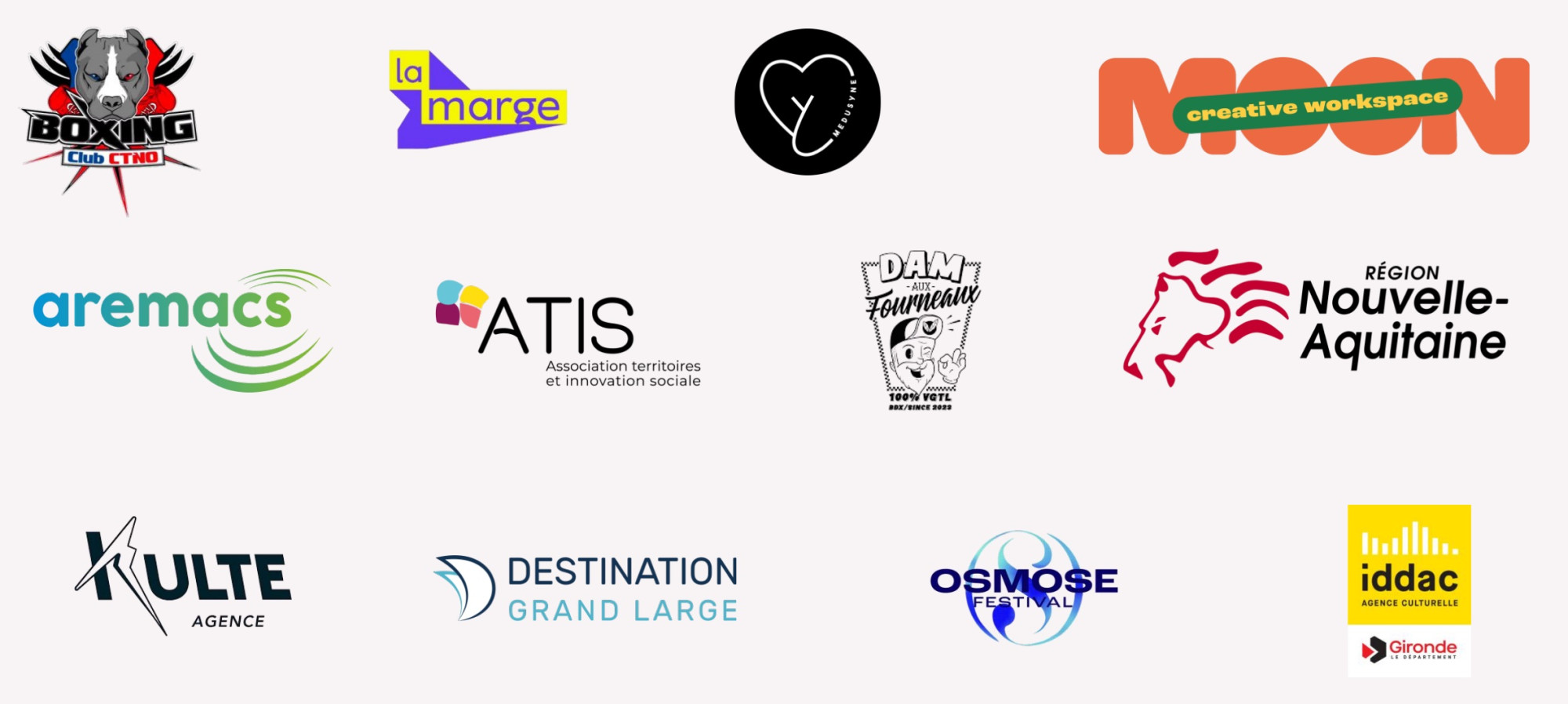 Logos des structures accompagnées : Boxing Club CTNO, La Marge, Medusyne, Moon Creative Workspace, Aremacs, ATIS, DAM aux Fourneaux, Région Nouvelle-Aquitaine, Kulte, Destination Grand Large, Osmose Festival, IDDAC Gironde